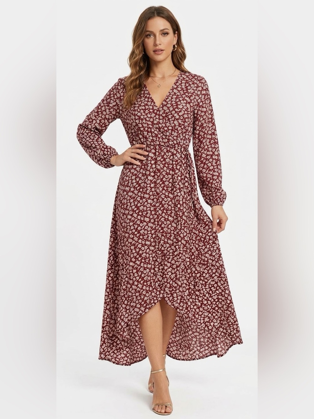 PrettyGarden Women’s Rust Floral High-Low Wrap Dress Sz M